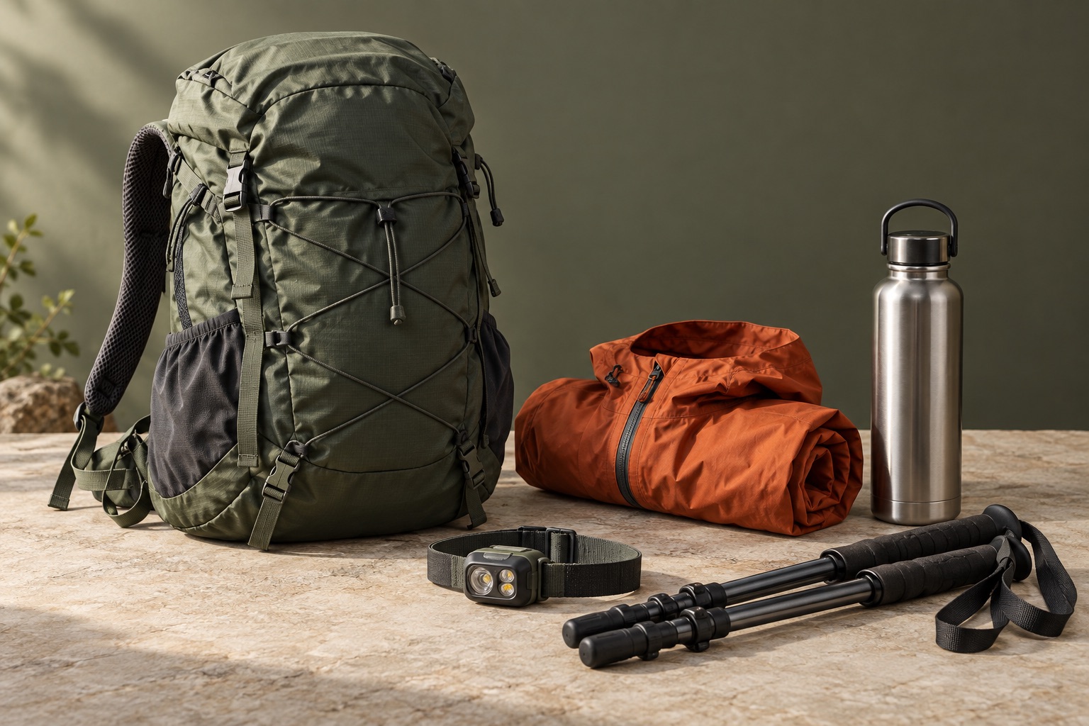 Tas, jaket, botol, lampu, dan tongkat jalan tersusun rapi